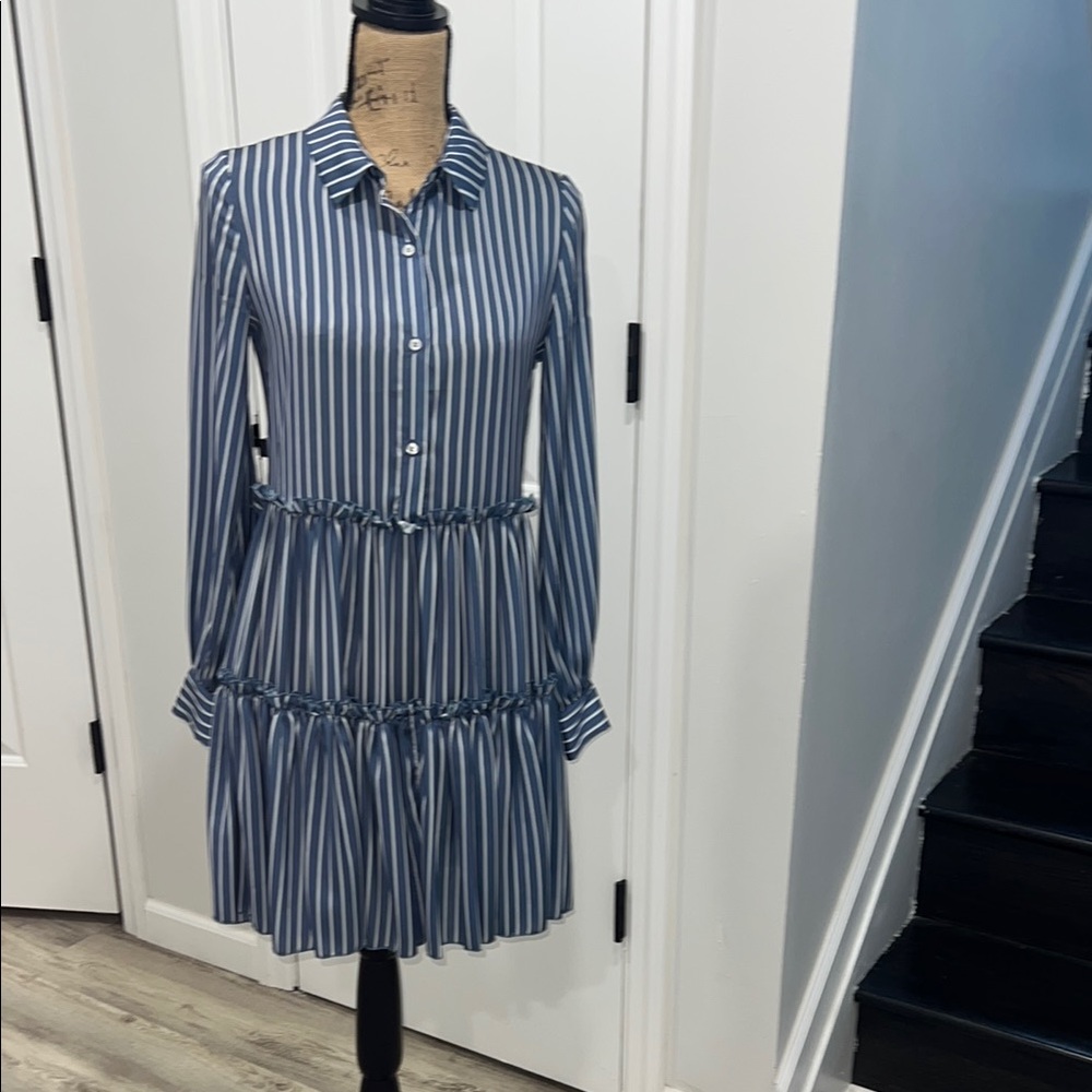Maje Blue and White Ruffled Tiered Long Sleeve Dress